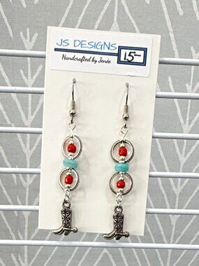 JS Designs Handcrafted Western Boot Beaded Dangle Earrings Silver Plated Hook